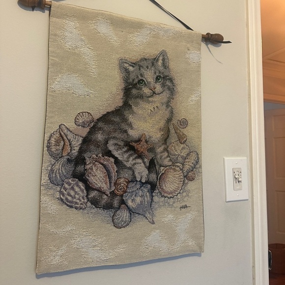 Vintage Other - Vintage Cat Tapestry Wall Hanging with Seashells